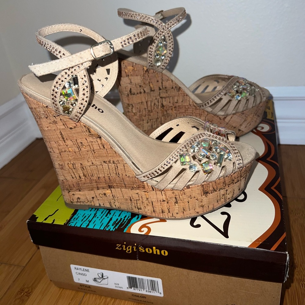 Zigi Soho Embellished Tan Cork Wedges